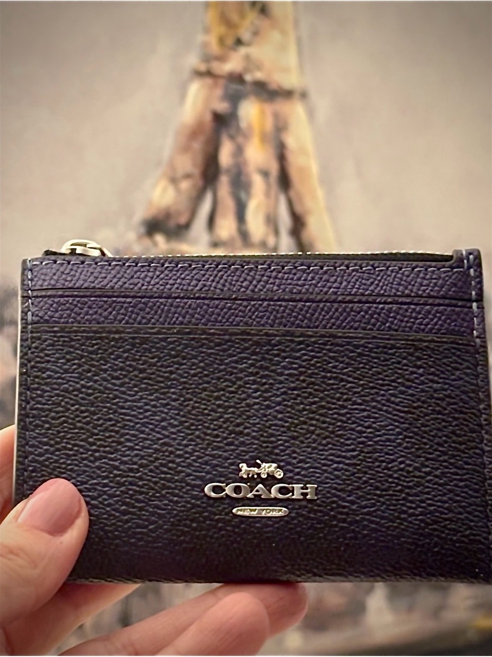Coach Navy Blue Metallic Signature Mini ID Card Case Keychain CCS50 NWT